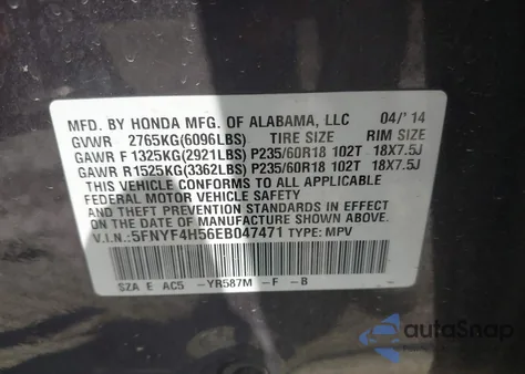 2014 Honda Pilot Ex-L z USA, uszkodzony, nr VIN 5FNYF4H56EB047471
